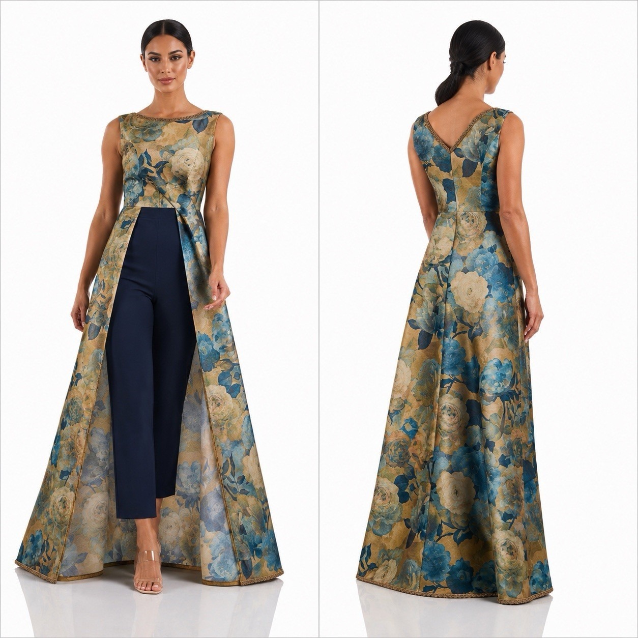Kay Unger Emiliana Formal Walk Thru Jumpsuit W/Skirt Navy Gold Floral Print 10